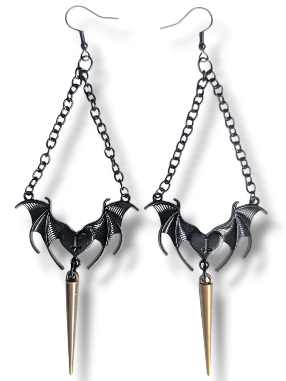 NWT Handmade Black Heart with Bat Wings Bronze Spike and Chain Earrings